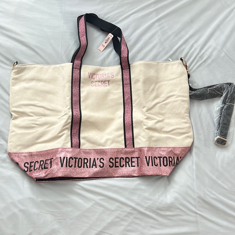 Victoria secret pink glitter cream tote